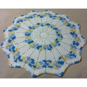NEW HANDMADE CROCHET BABY BLANKET/AFGHAN SOFT WHITE YELLOW BLUE 12 PT STAR